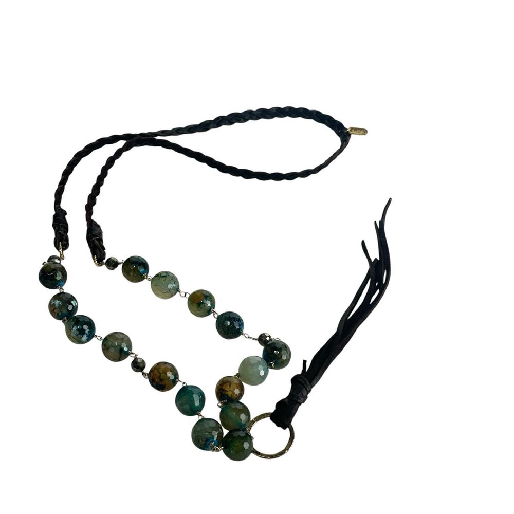 Handmade Boho Beaded Agate Necklace Braided Leather Cord Tassel Pendant Marie